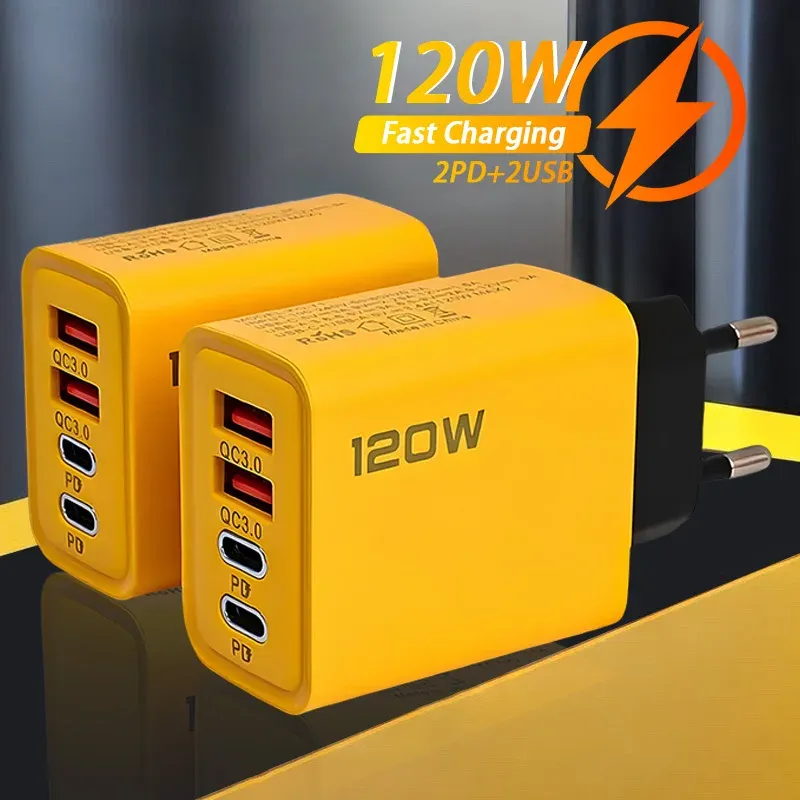 CARGADOR PARA CELULAR GENÉRICO MARRANITA USB-3.0/USB-C COLOR AMARILLO 4 PUERTOS 120, vista 3